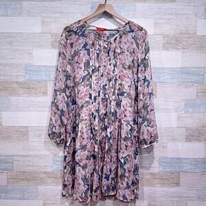 SUNDANCE 100% Silk Floral Sheer Pleated Dropwaist Dress Pink Blue Womens Large